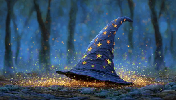 Wizard hat with stars sitting on ground in forest surrounded by light sparks photo
