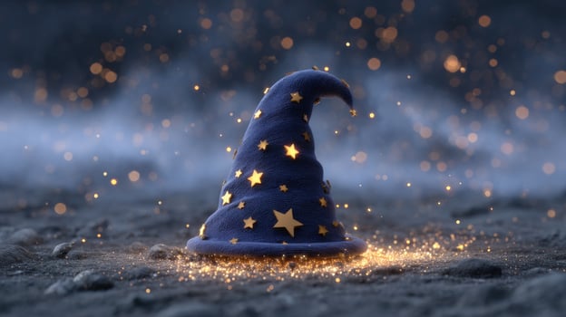 Wizard hat on the ground with magical sparkling dust, for fantasy, halloween photo