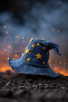 Wizard hat with stars in a fantasy location, lying on ground, with smoke and sparks photo