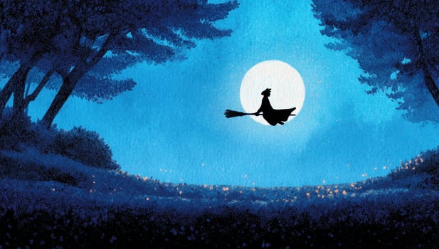 Witch soars over field on broomstick under full moon in magical landscape photo