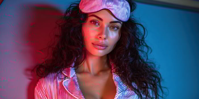 Woman in pajamas with sleep mask, illuminated by blue and red light photo