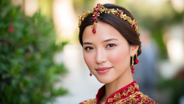 Woman in traditional red dress and gold crown, garden background for beauty blog photo