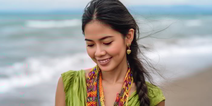 Woman looks down on a windy beach. Sea waves in the background. For travel photo