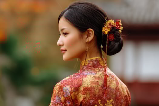 Woman poses in traditional Chinese dress with autumn colors and architecture photo