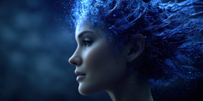 Woman with blue glitter hair looking at background in a dark setting for beauty ads photo