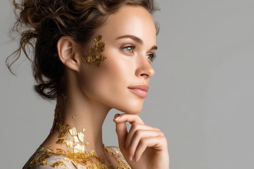 Woman with gold leaf adorns her face and chest, thinking, in studio setting photo