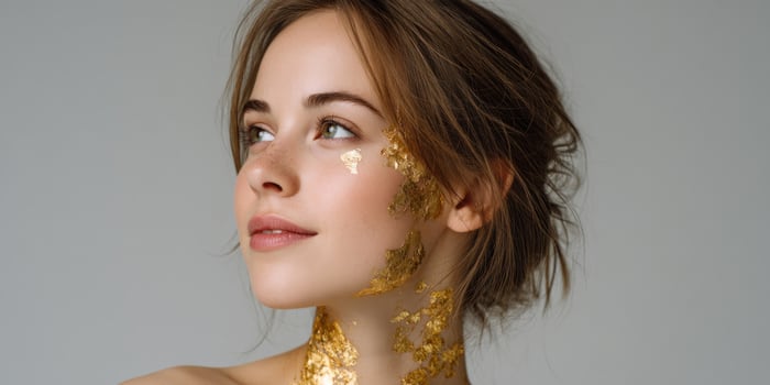 Woman's beauty, golden face, soft neutral backdrop, cosmetic concept, portrait photo