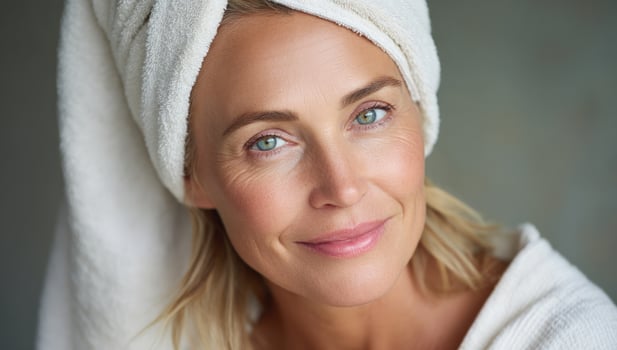 Woman with towel on head relaxing after bath at home, skincare concept photo