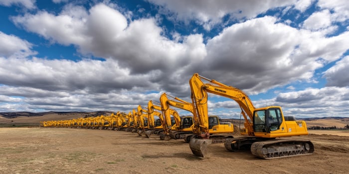 Yellow excavators line up on a vast field, under a cloudy sky photo