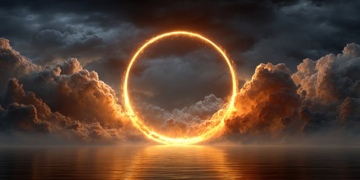 A glowing ring portal on water during stormy sunset reflects light upwards photo