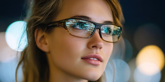 A girl wearing glasses with city lights reflecting. For ads and blogs photo