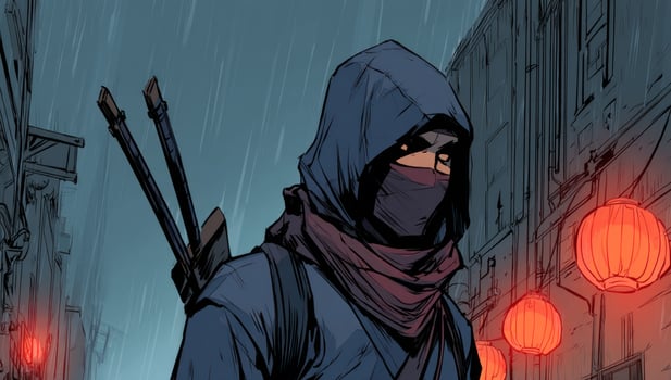 A masked ninja walks during a rainy night in an oriental town photo