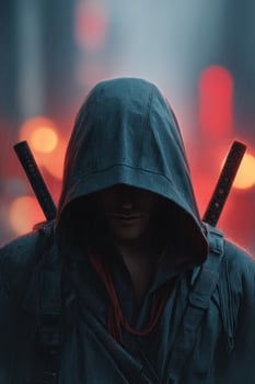 A hooded figure with dual swords in a blurry cityscape, mysterious, and dark photo