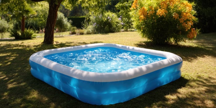 Above ground pool in grassy yard with flowers blooms in the background photo