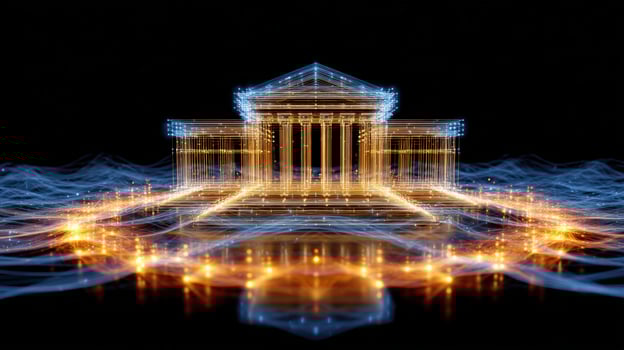 Abstract building design of columns, steps on flowing blue energy. Background isolated photo