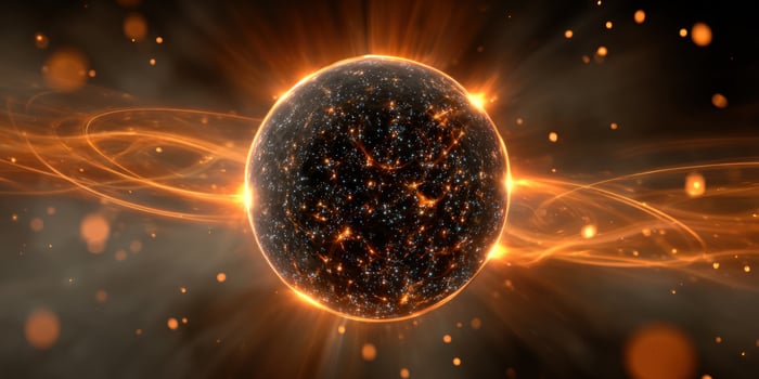 Abstract glowing orb radiating energy in space, cosmic background, science use photo