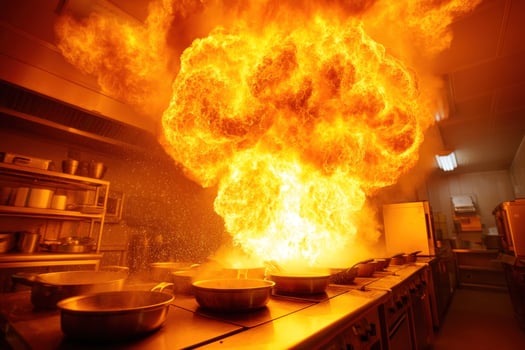A massive fire erupts in a commercial kitchen, with cookware lining a long countertop photo