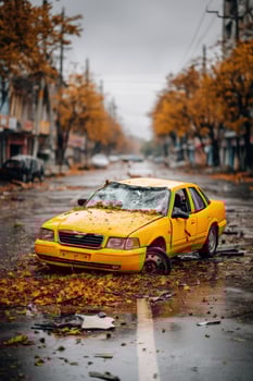 A yellow car rests amid debris-strewn street, evoking damage and urban decay photo