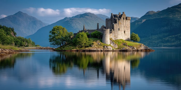 A majestic castle sits atop an island in a calm loch, reflecting scenery photo