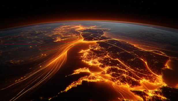 Aerial view of night cityscape on Earth, depicting urban expansion from space photo
