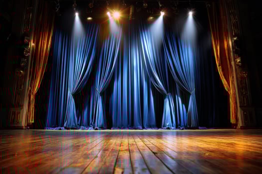 A lit theater stage with blue curtains and a wooden floor, ready for a show photo