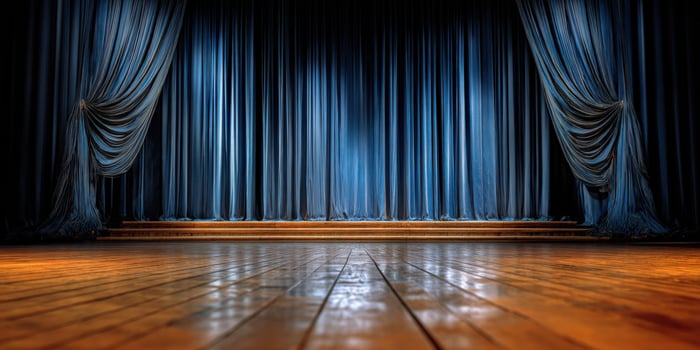 Theater stage with blue curtains and wood floor, ready for a performance photo