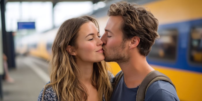 Couple embrace, sharing a tender kiss at a train station before a journey together photo