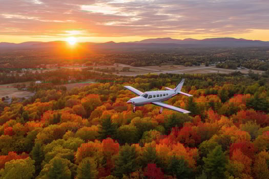 A small, private airplane soars above vibrant autumn trees under a beautiful sunset sky photo