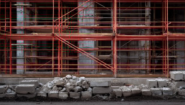 Red scaffolding frames a building with stone, showcasing ongoing construction work photo