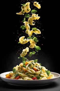 Pasta spirals dance, garnished with herbs and colorful tomatoes, on a white plate photo