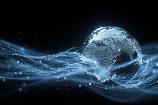 A glass earth globe encircled by flowing digital blue lines, on a dark background photo