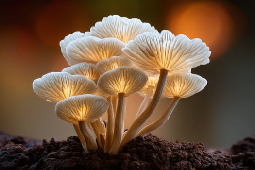 A group of mushrooms growing in the dirt photo