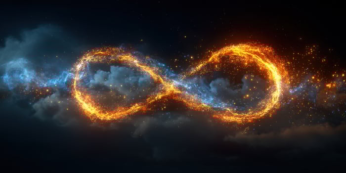 An infinity symbol glows with blue and orange energy against a dark, cloudy backdrop photo