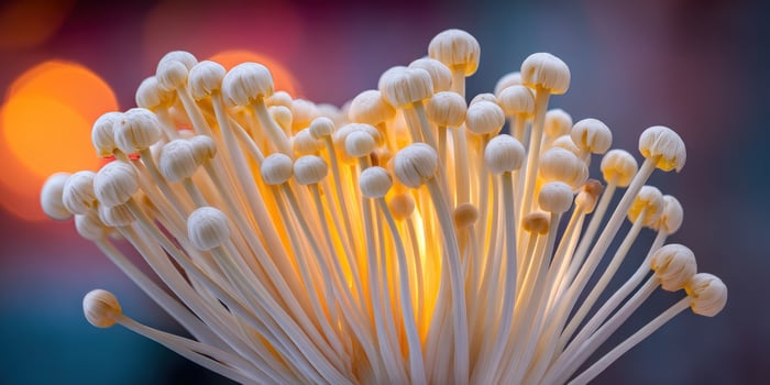 Bunch of pale enoki mushrooms clustered together, with a blurred bokeh background photo