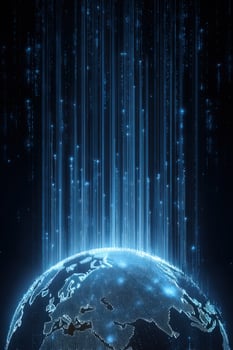 A glowing earth emitting blue light beams vertically into darkness photo