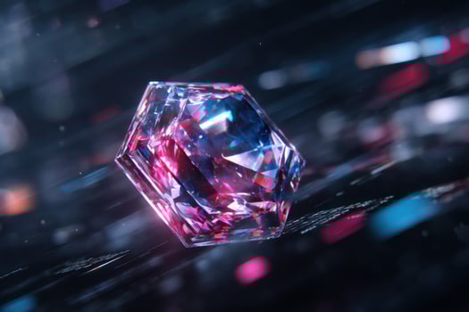 A multifaceted gem glows with pink and blue hues, atop a dark, textured surface photo