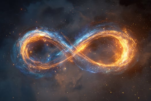 Glowing, cosmic infinity symbol against a dark, cloud-like space backdrop photo