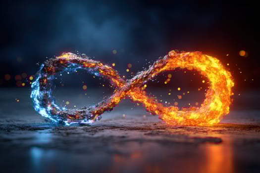 Infinity symbol in contrasting blue and orange flames, resting on textured floor photo