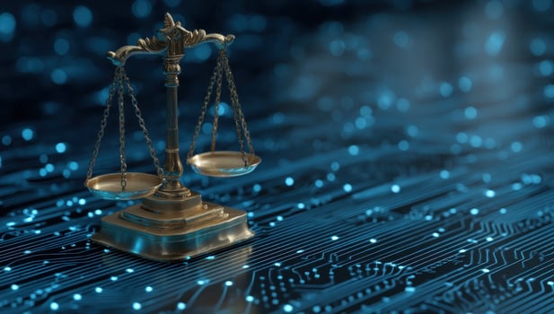 Justice scales sit atop a blue circuit board in a digitally illuminated space photo