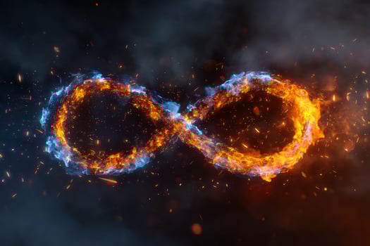 Fiery infinity symbol glowing with orange and blue hues amidst smoke and sparks photo