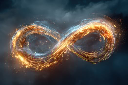 Golden energy forms an infinity symbol against a backdrop of cloudy darkness photo