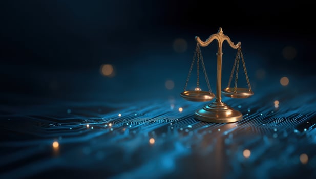Golden scales sit atop circuit board, illuminated with soft lights, a digital age of law photo