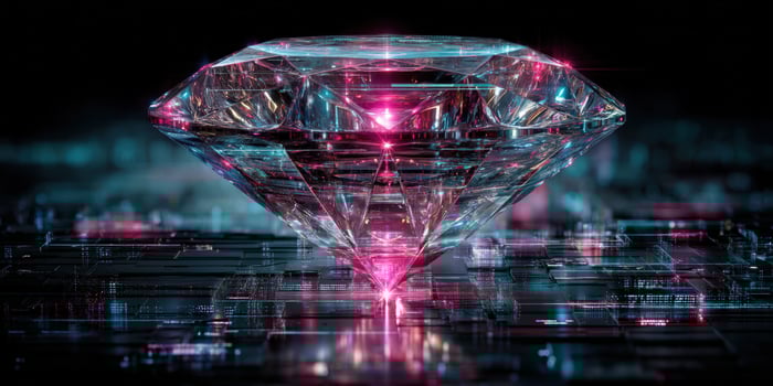 A multifaceted, iridescent diamond sparkles against a dark, abstract backdrop photo