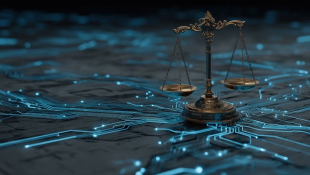 Balance scales gleam atop a blue tech circuit board- abstract legal concept photo