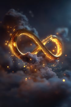 Golden infinity symbol glowing amidst soft, fluffy clouds, against dark background photo