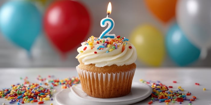 A frosted vanilla cupcake with a '2' candle and colorful sprinkles, balloons behind photo