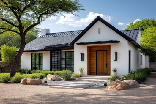 Modern white home with black roof, wooden door, and landscaped yard photo