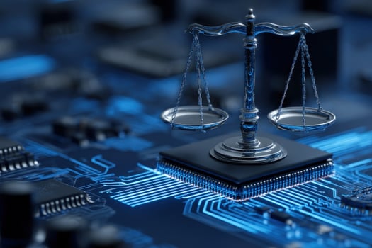 Scales of justice sit atop a computer chip on a motherboard, digital technology photo