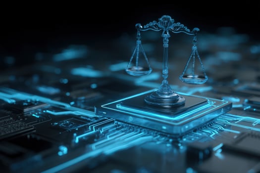 Scales of justice sit atop a vibrant, glowing tech circuit chip on a dark backdrop photo