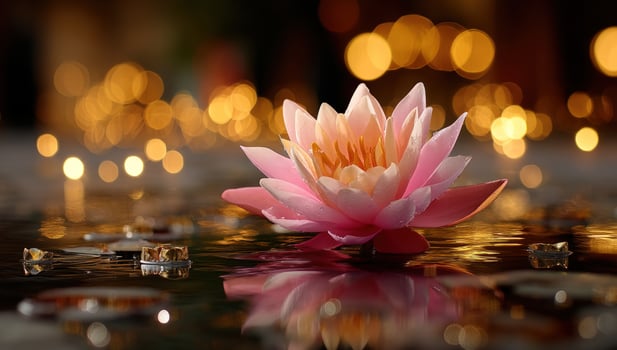 A pink lotus flower floating in water with lights photo